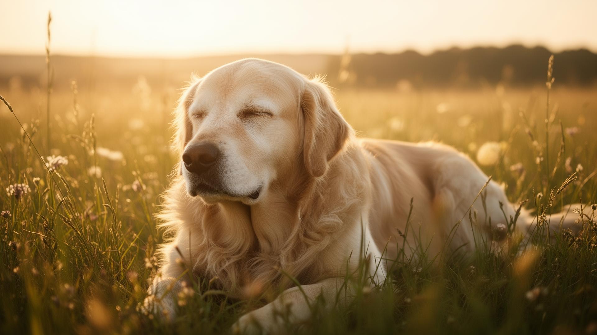 A golden retriever resting in a sunlit meadow